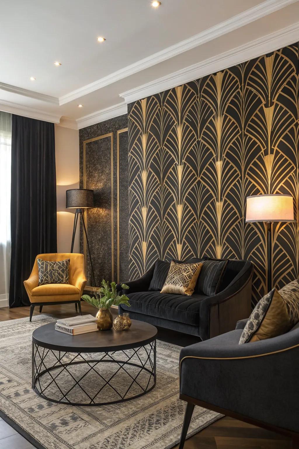 Bold wallpaper adding depth and drama to the living room.