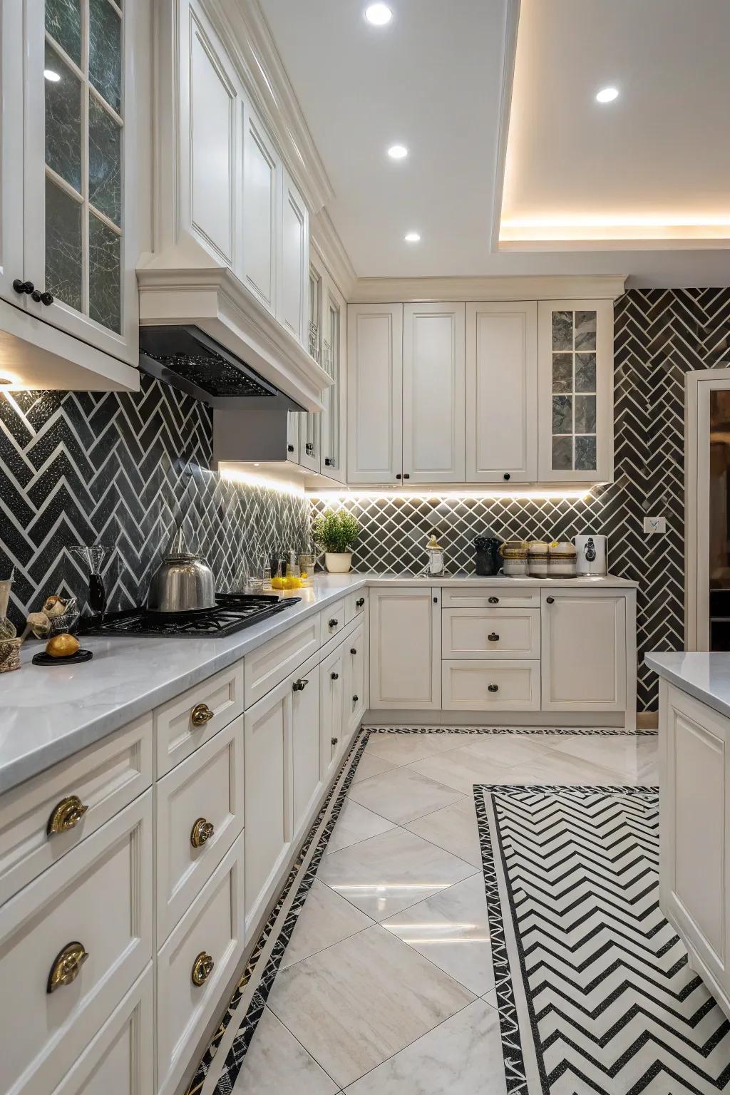 Herringbone pattern adds timeless sophistication to the kitchen.