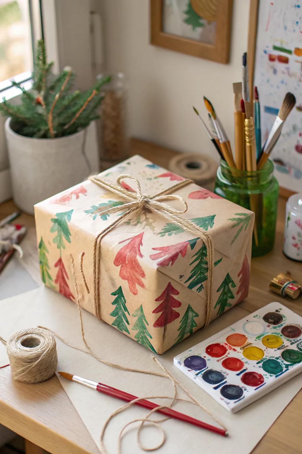 A creatively painted gift wrap that transforms kraft paper into a personalized piece of art.