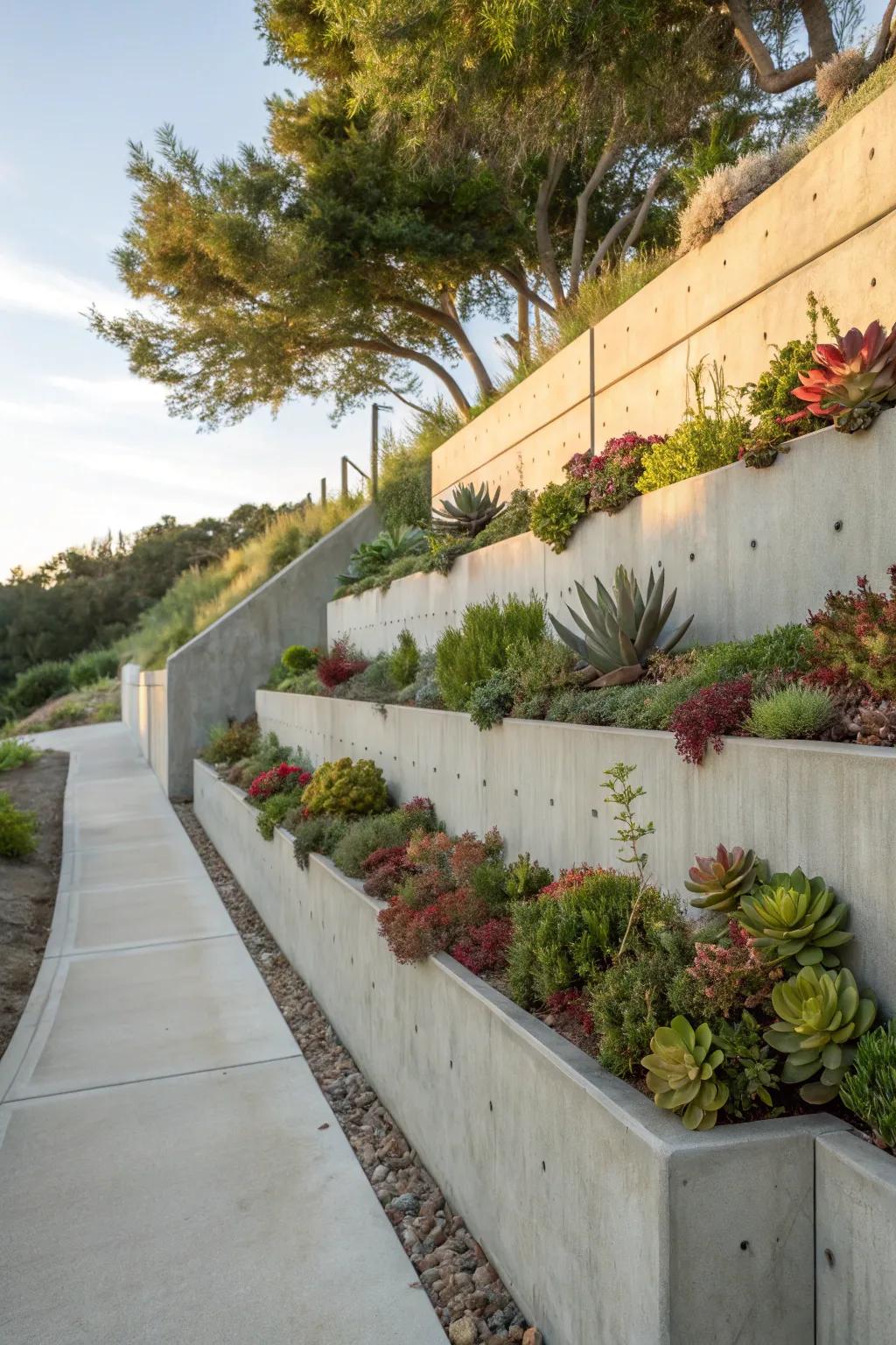 Concrete wall with built-in planters for added greenery.