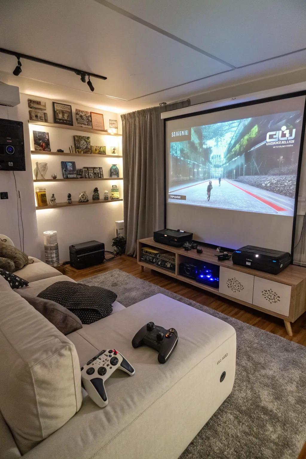 A gaming bedroom with a projector setup for a large screen experience.