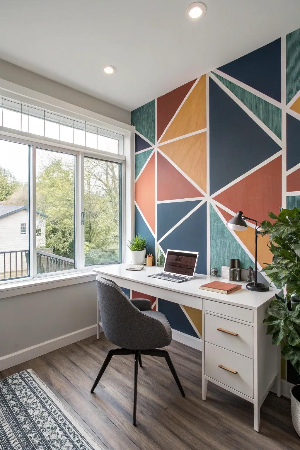 A bold accent wall adding personality to the office.