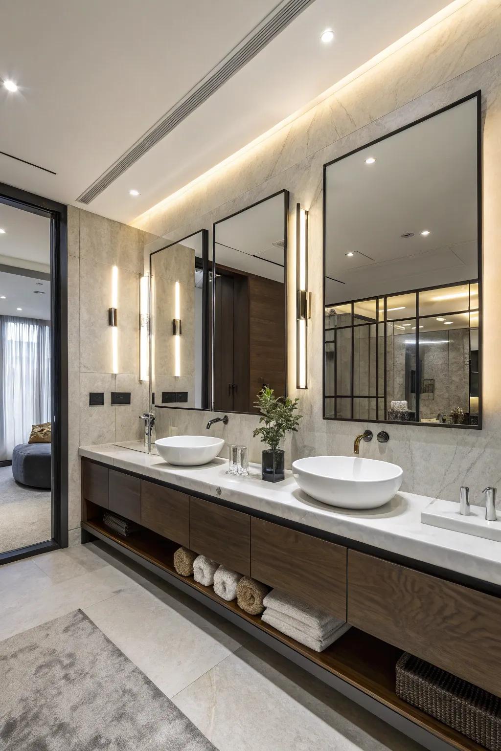 Borderless reflectors enhance the spacious sensation of this bathroom.