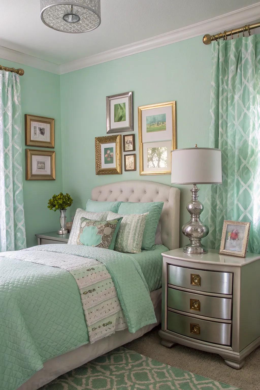 Chic metallic accents in a springtime green boudoir.