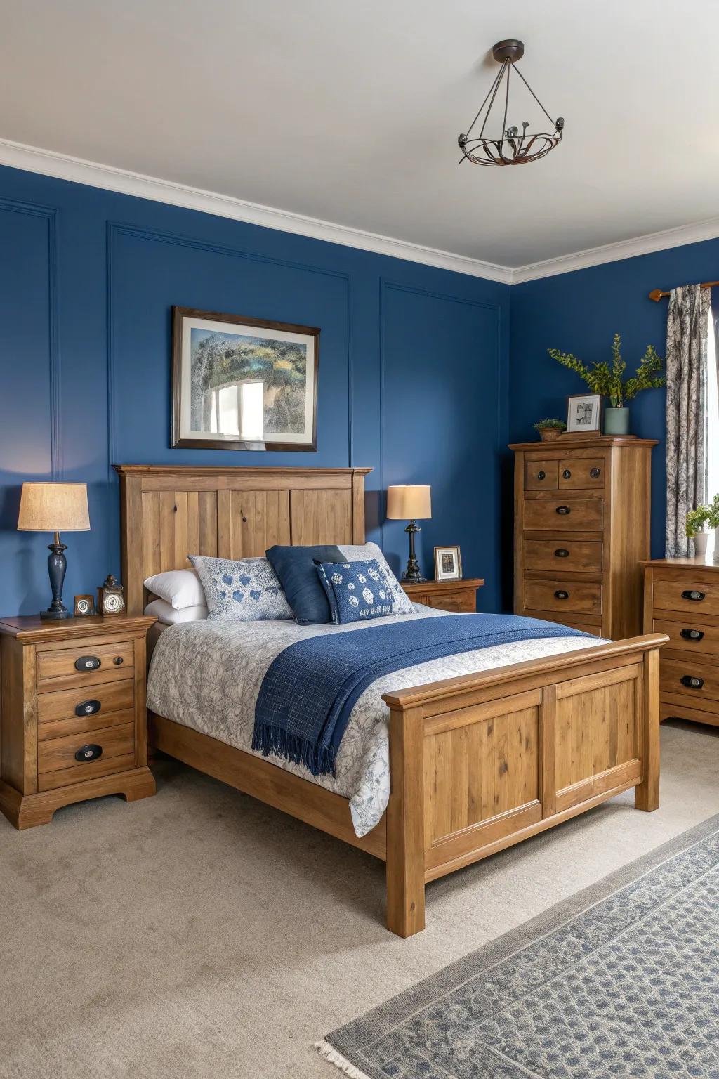 Wooden elements add warmth and coziness to the royal blue-themed bedroom.