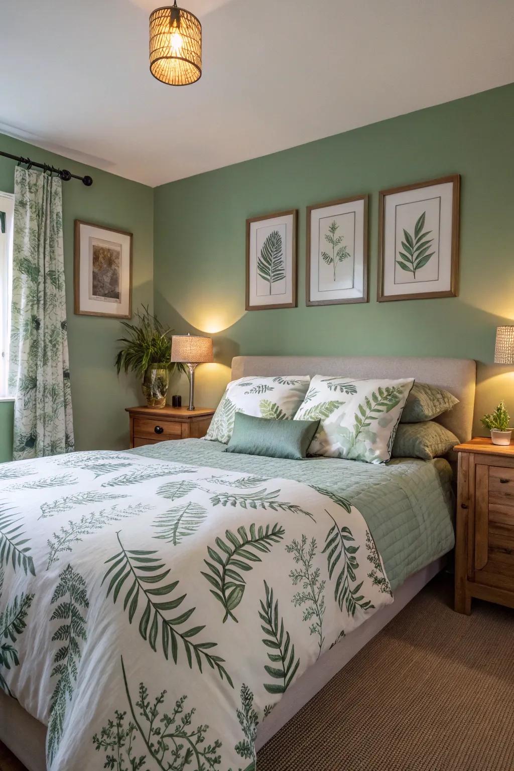 Botanical prints and sage green create a fresh, lively atmosphere.