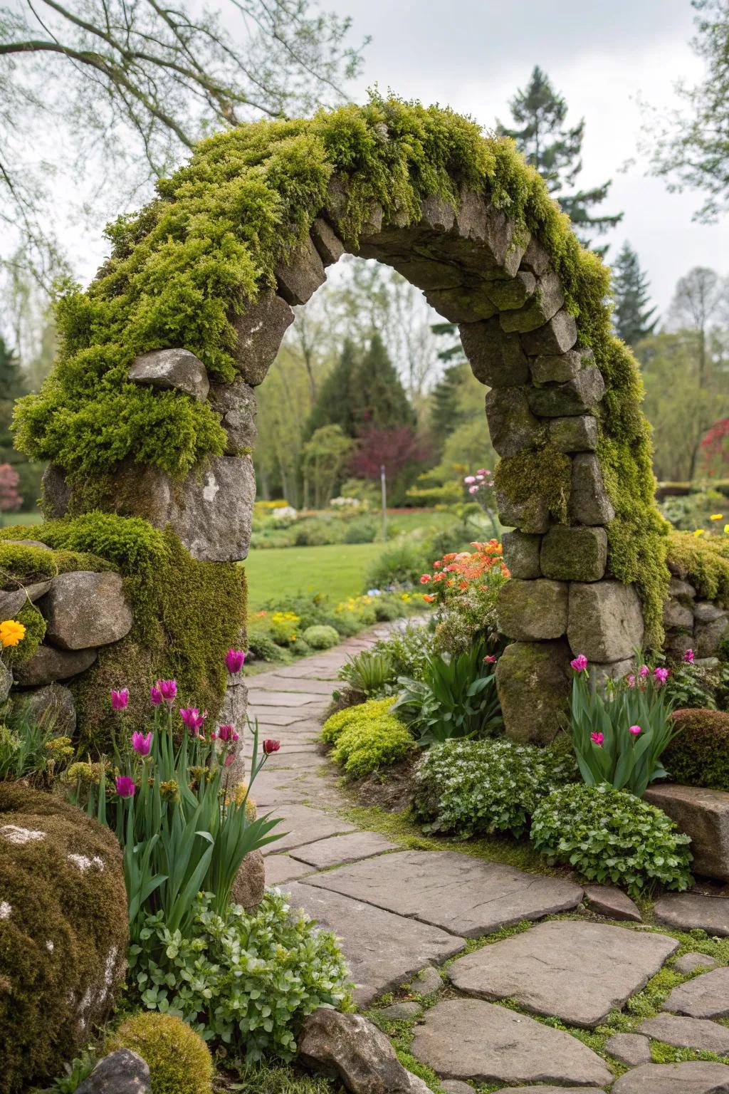 A striking garden archway formed by lichen-draped rocks.