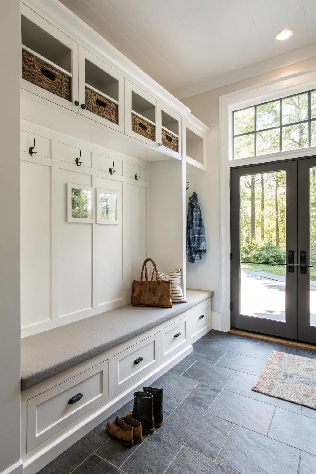 A contemporary mudroom with a sleek floating bench.