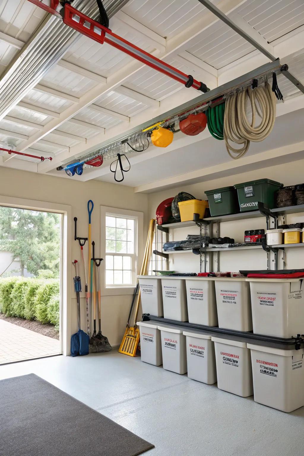 A garage featuring well-organized seasonal storage solutions.