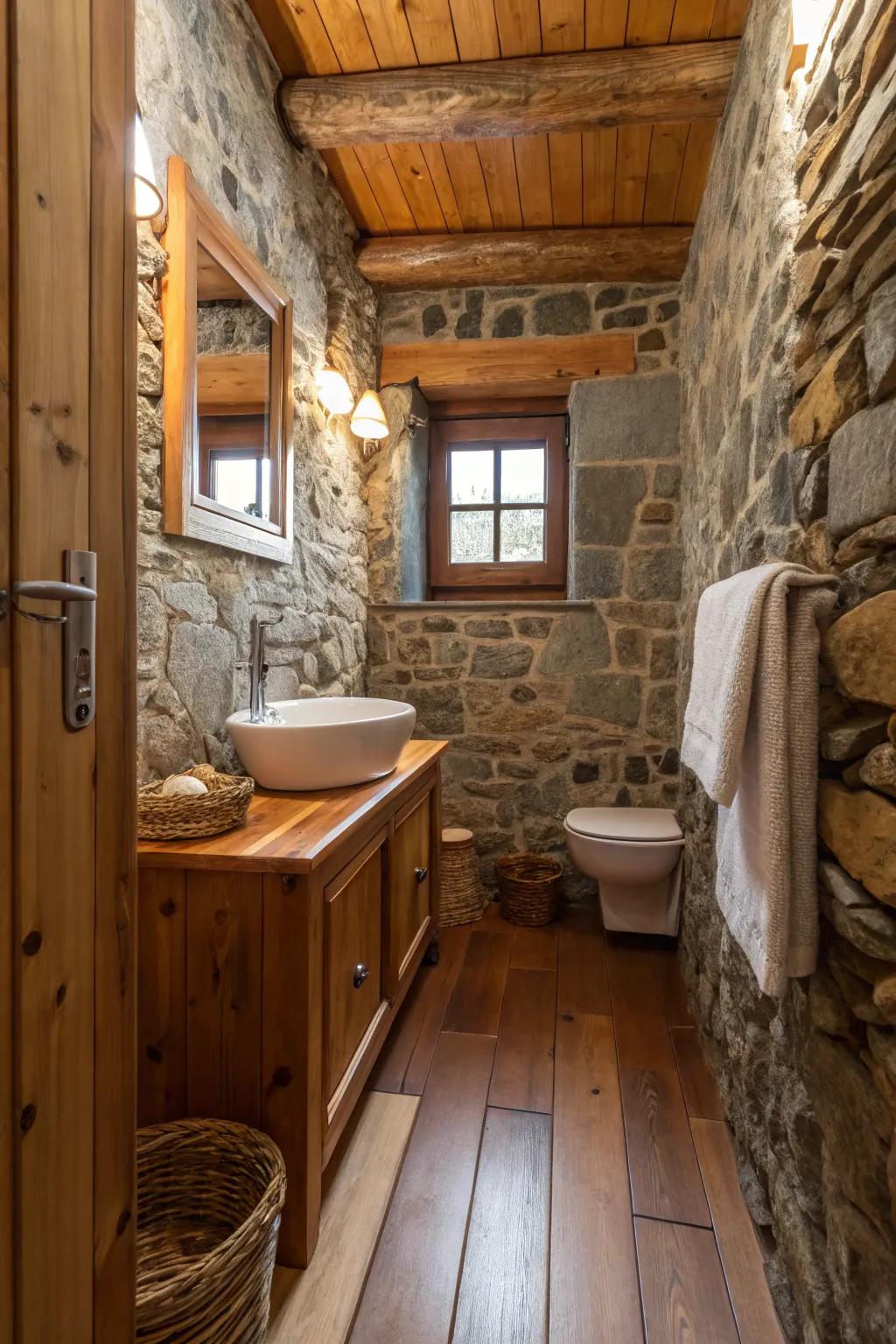 Mixing materials and textures brings warmth to narrow bathroom designs.