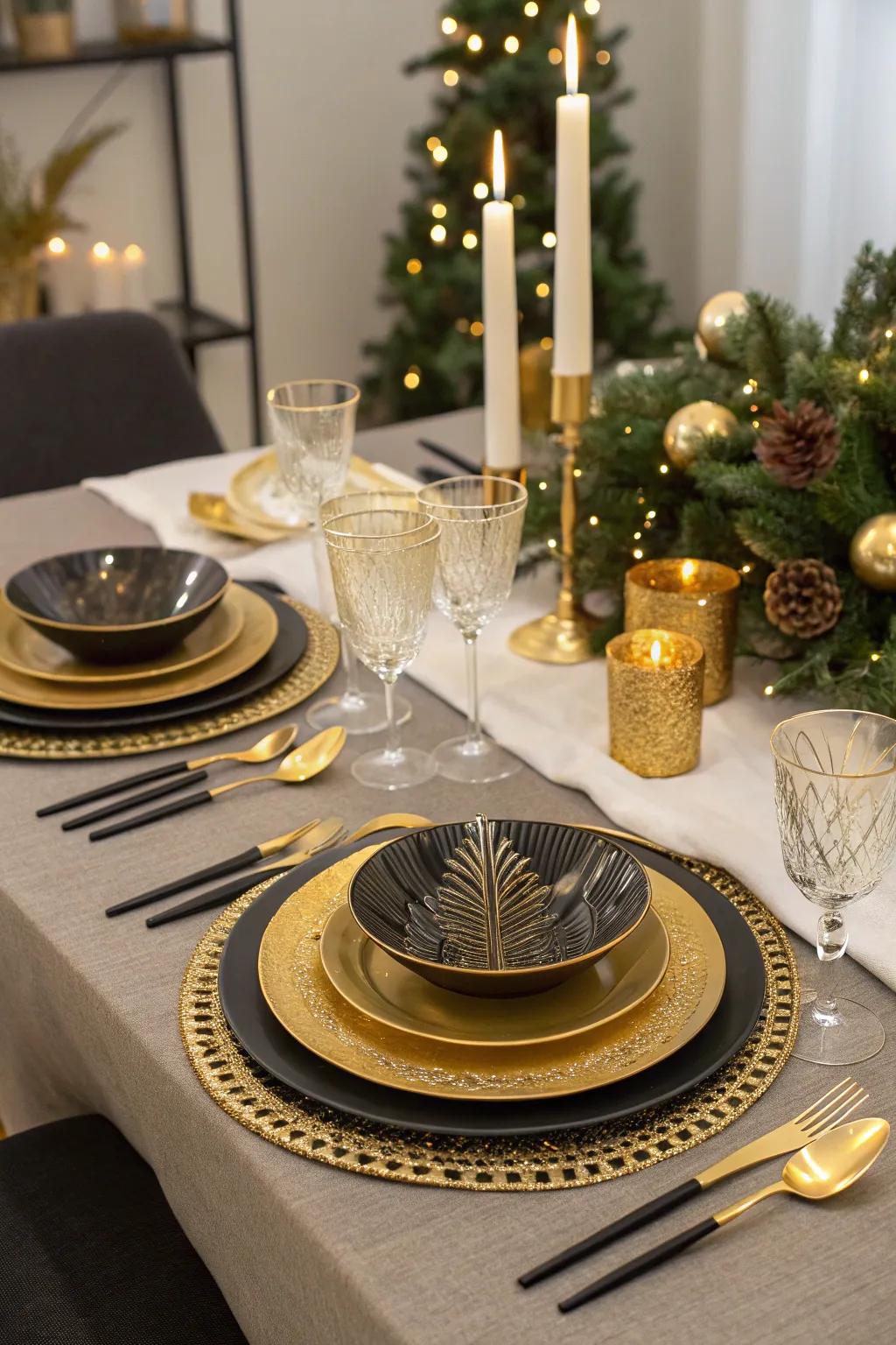 Festive table settings in gold and black create an elegant dining experience.