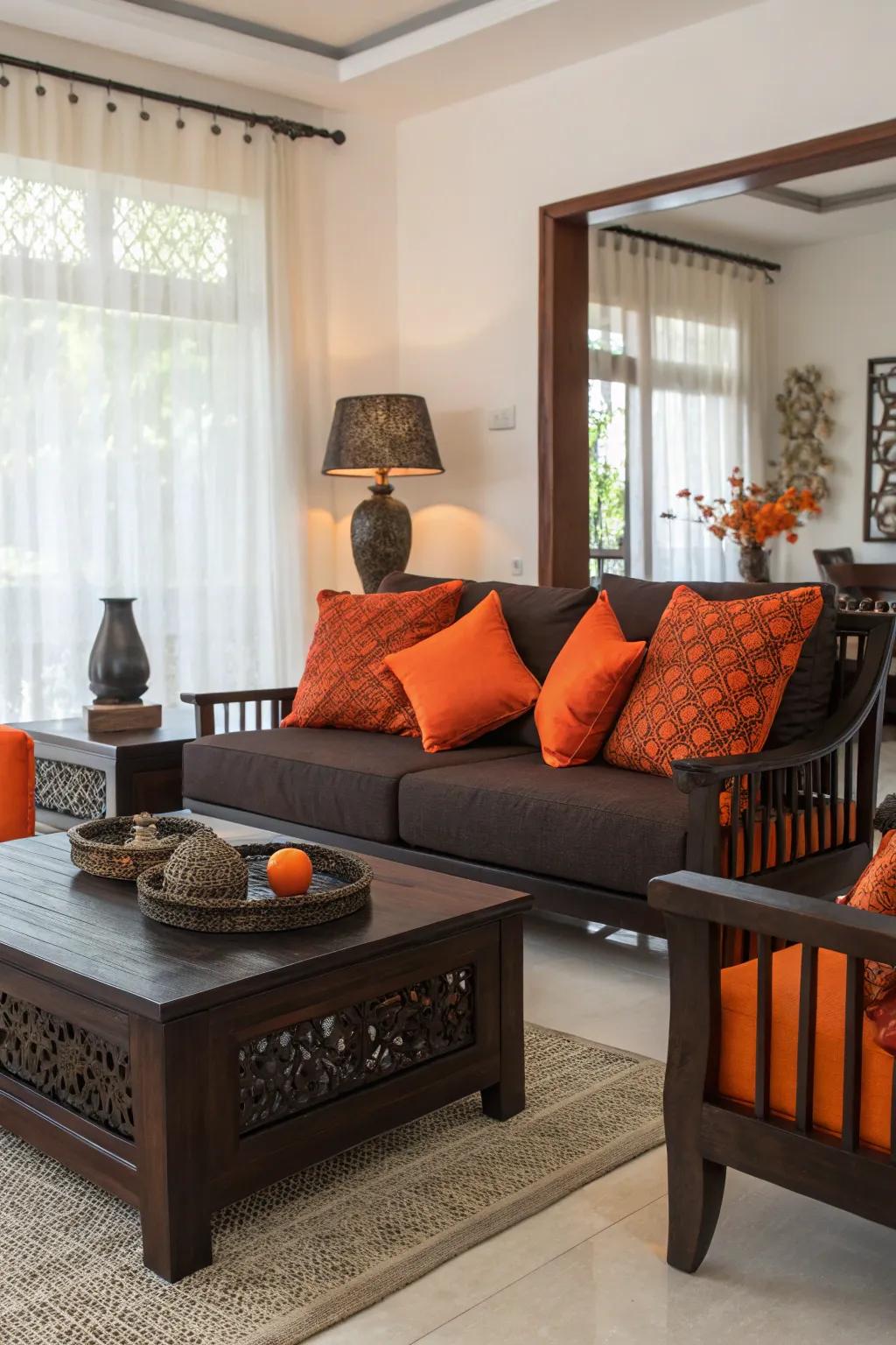 Dark and orange elements create a sophisticated and modern contrast.