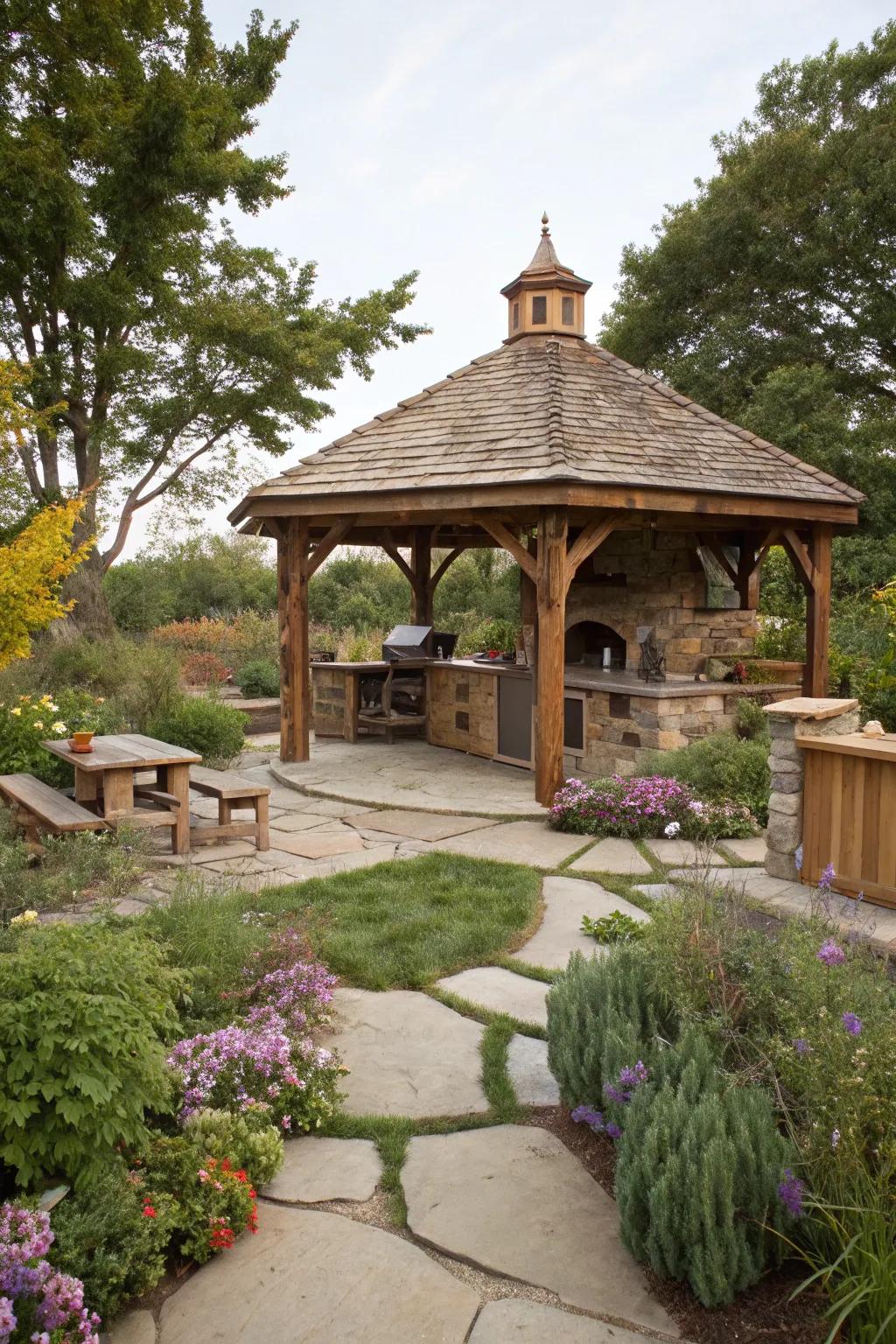 Blend with nature in a hideaway outdoor kitchen gazebo.