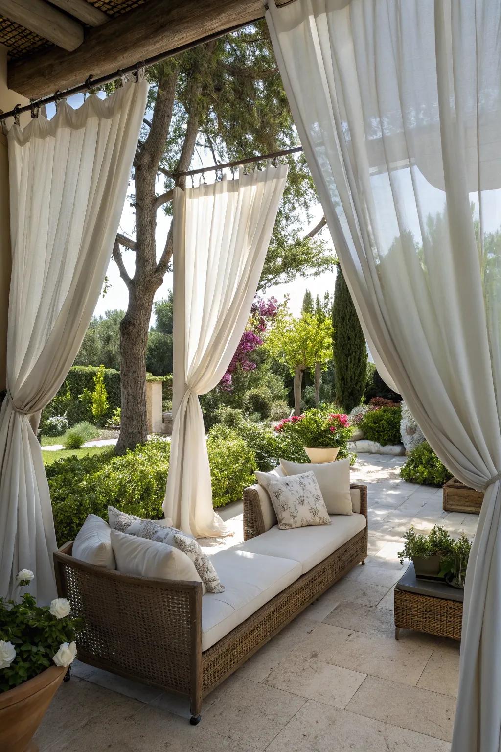 Outdoor curtains offer privacy and elegance.