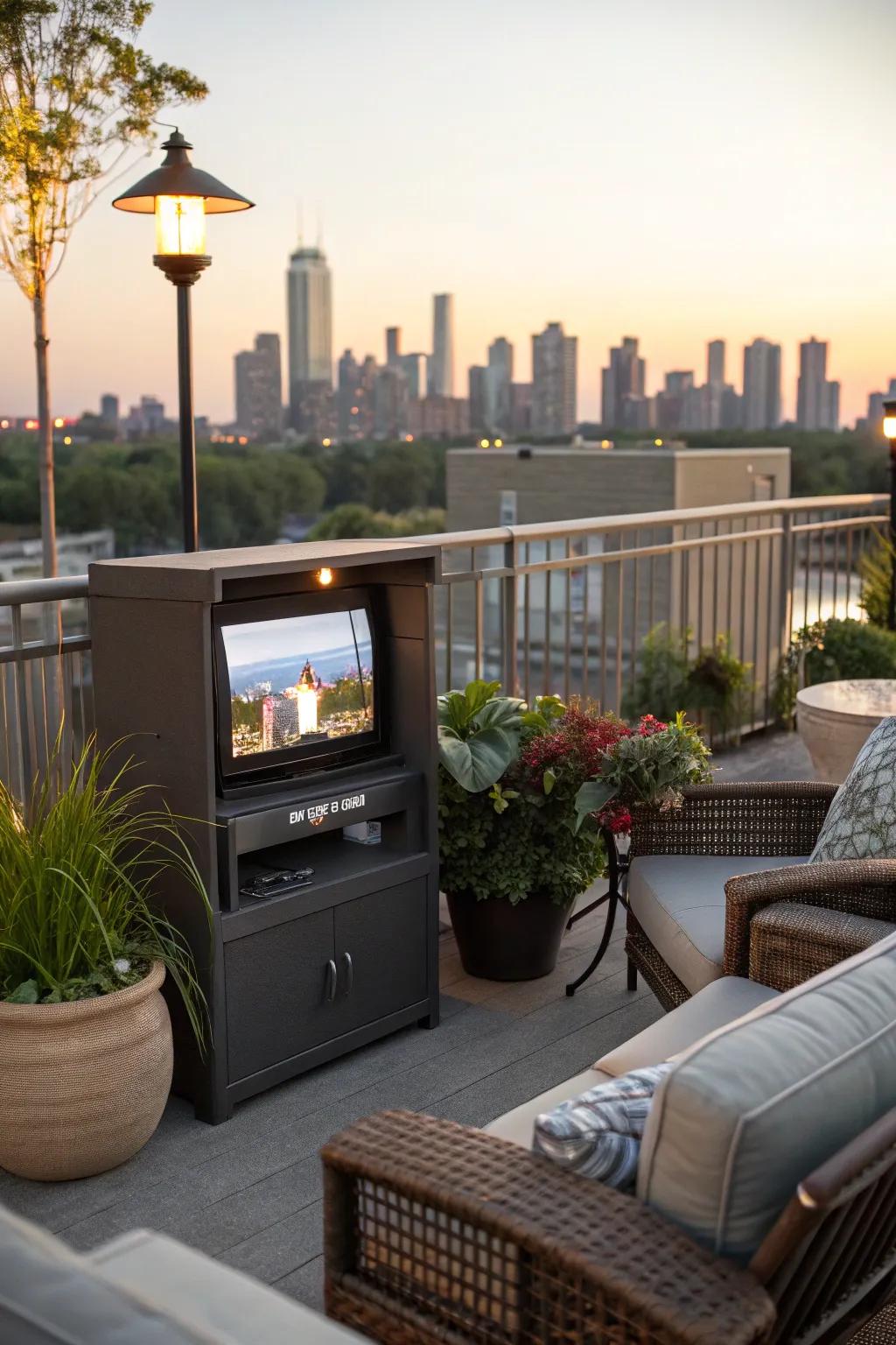 Maximize small spaces with a compact terrace TV setup.