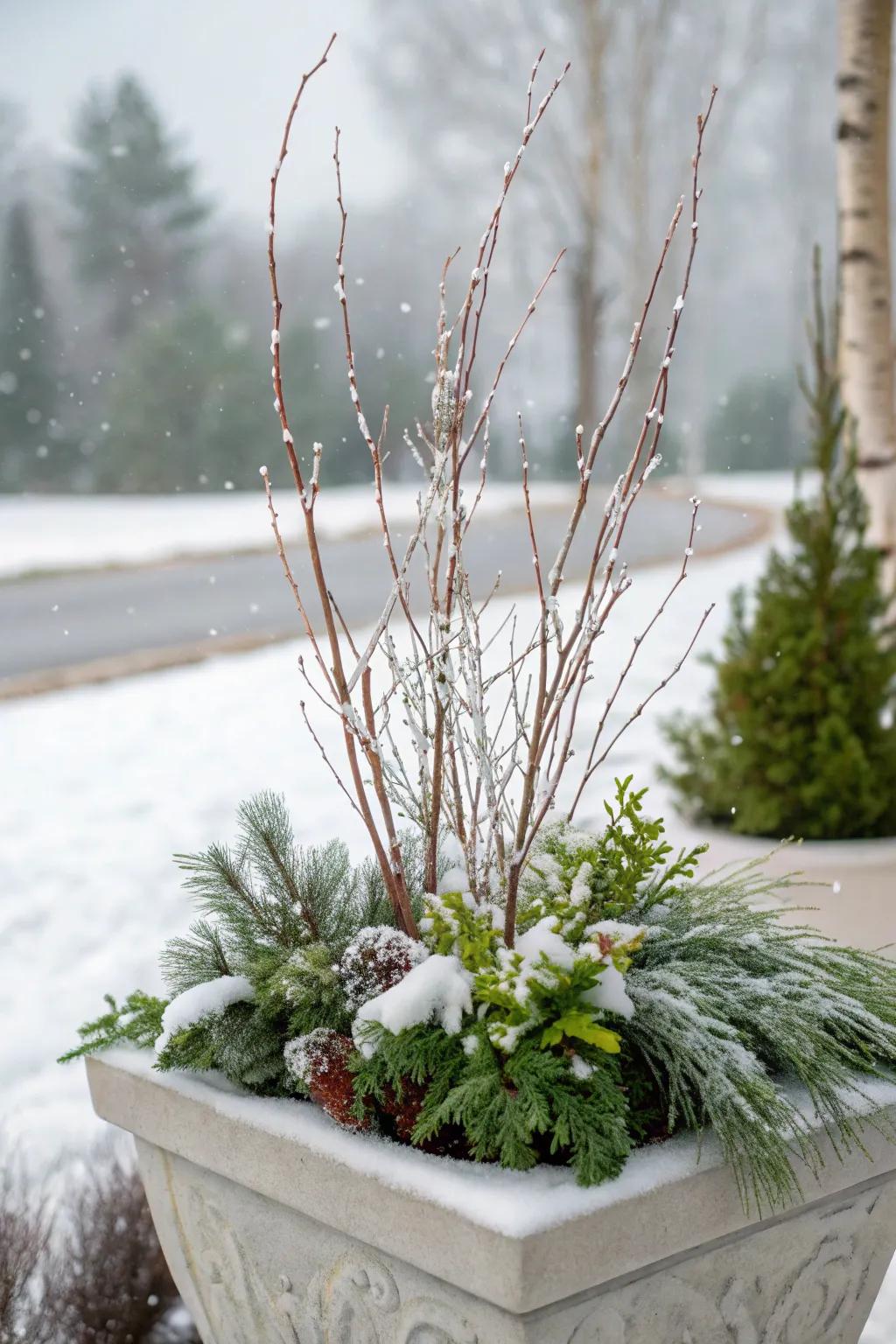 White accents create striking contrast in winter arrangements.