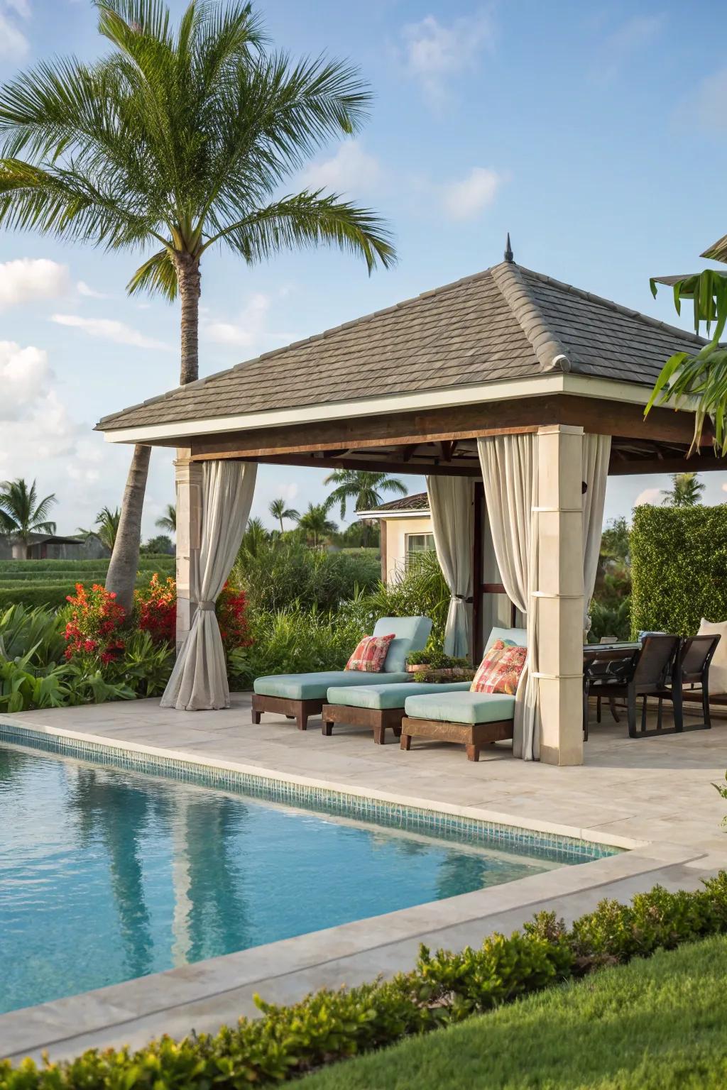 A cabana provides a chic poolside retreat.