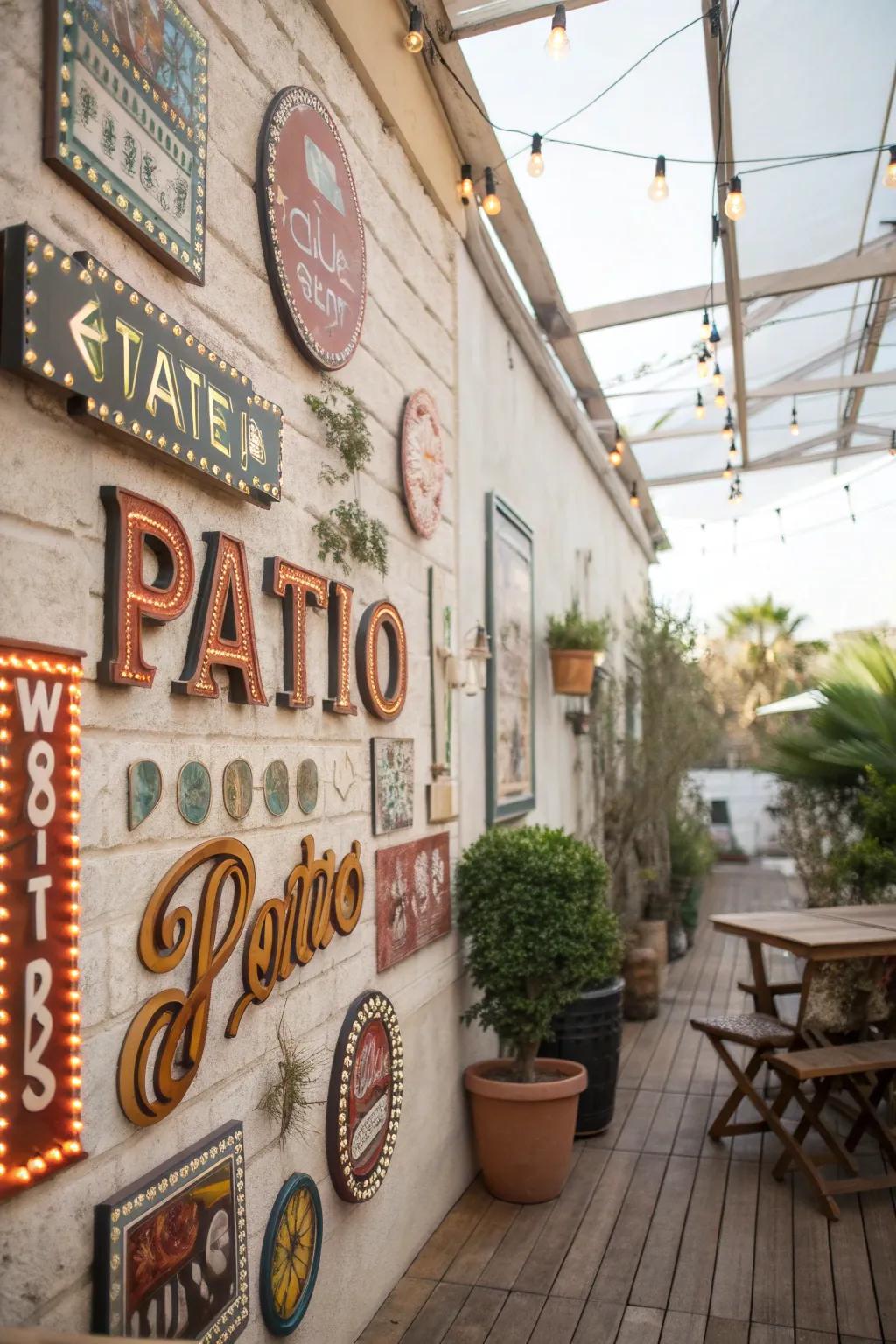 Vintage signs add character and nostalgia to the patio wall.