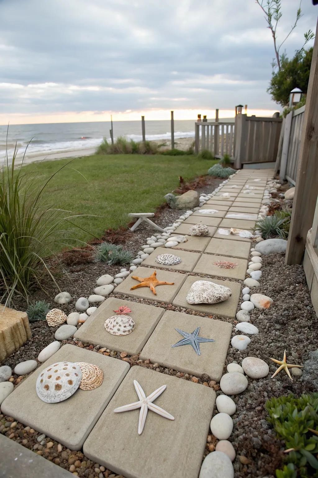 A coastal shellstone walkway with oceanic charm.