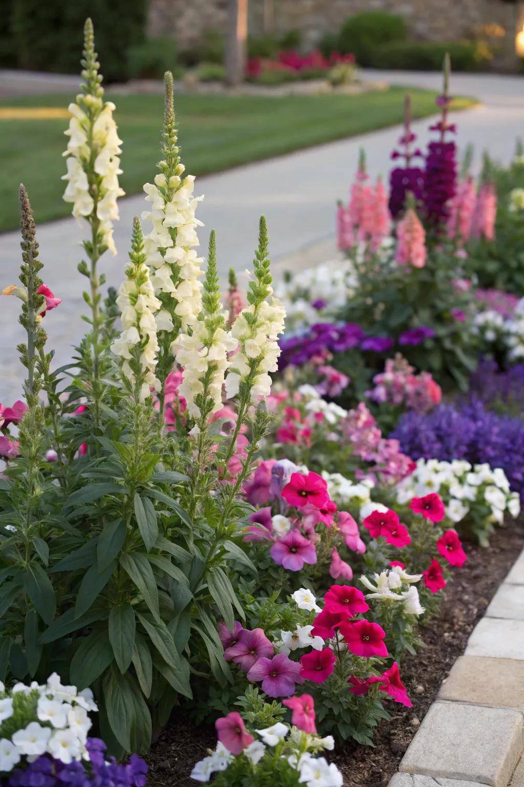 Snapdragons add a vertical pop of color to petunia gardens.