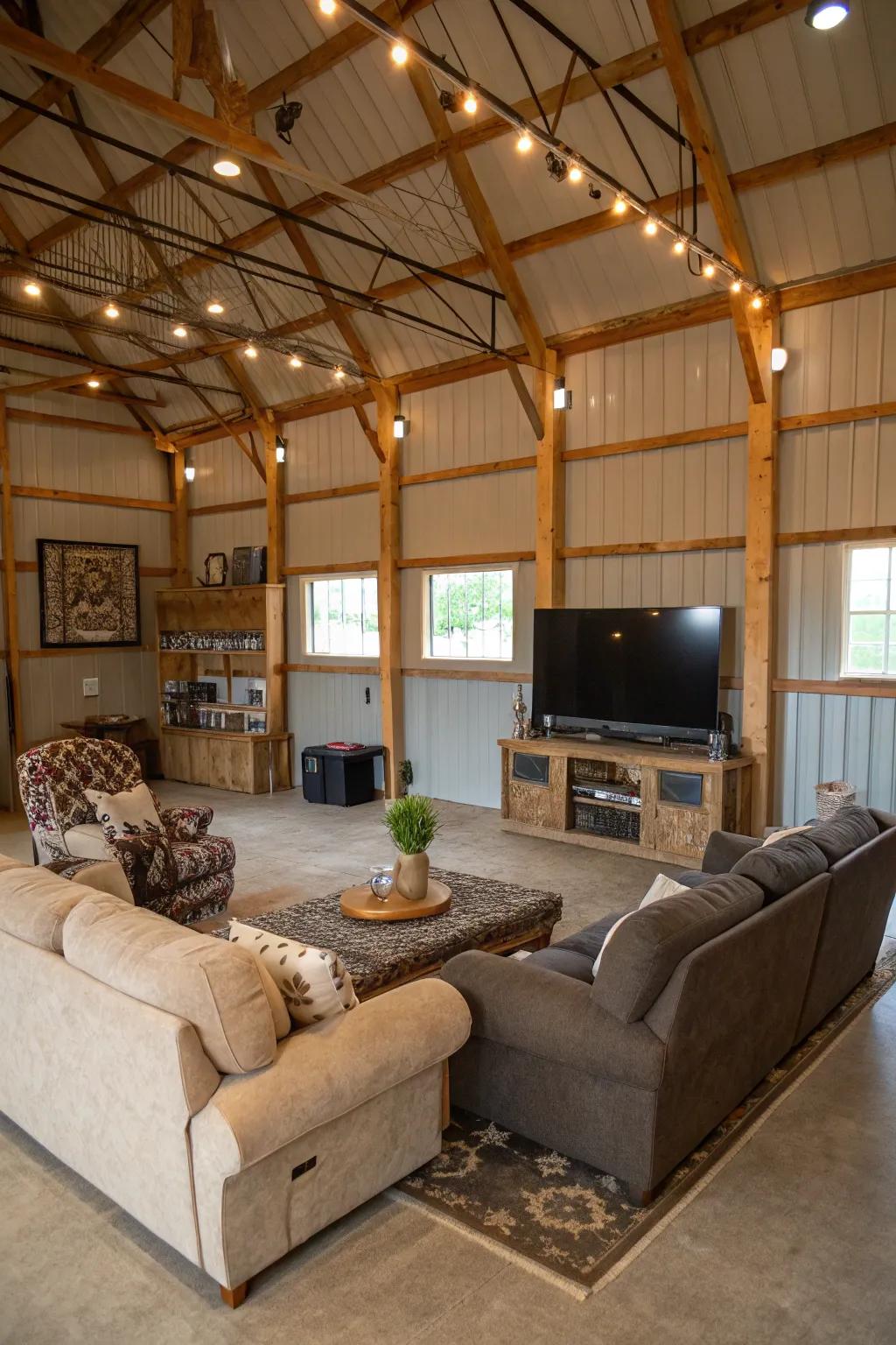 A family entertainment center in a pole barn with a TV area and comfy seating.