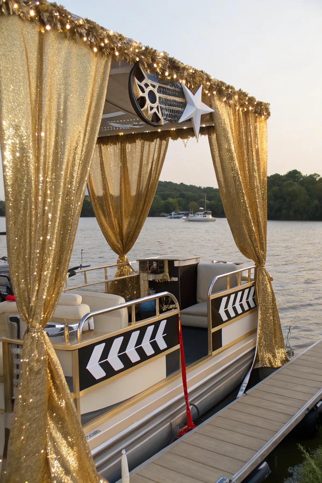 Hollywood-themed pontoon boat sparkling with glamour and glitter.