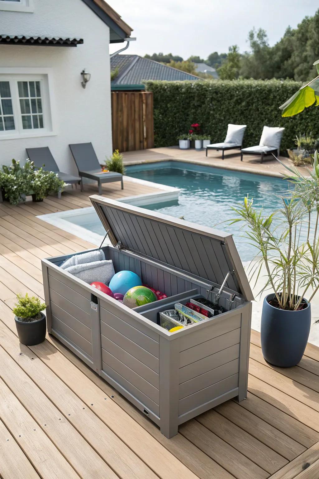 Deck boxes offer discreet storage and additional seating.