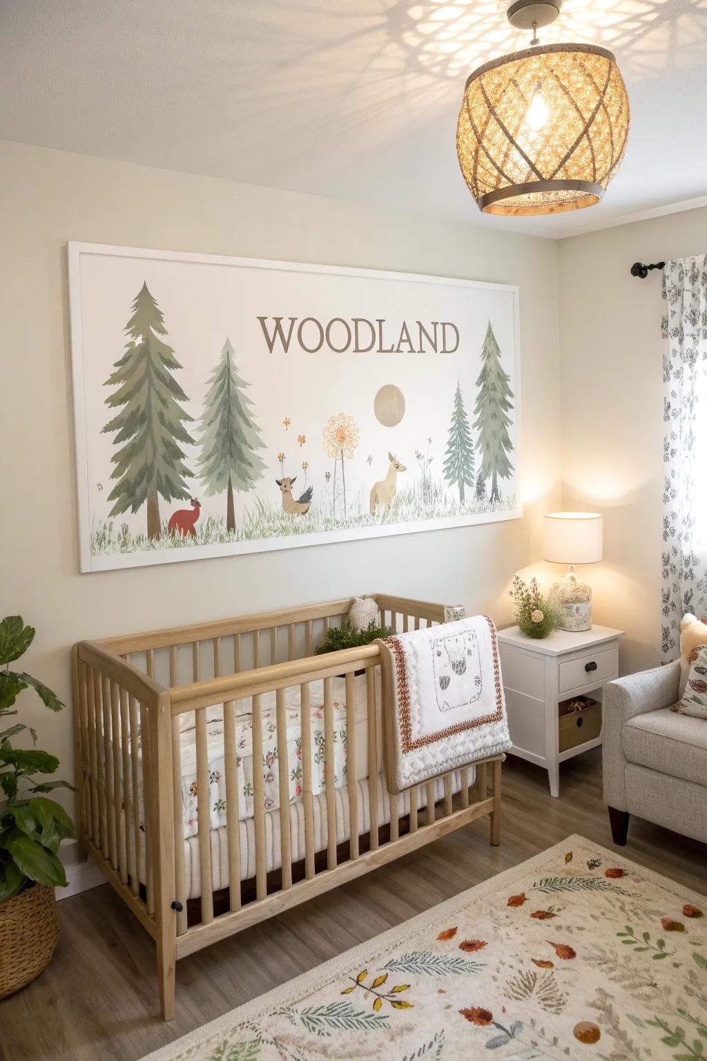 A woodland name poster creating a calming nursery atmosphere.