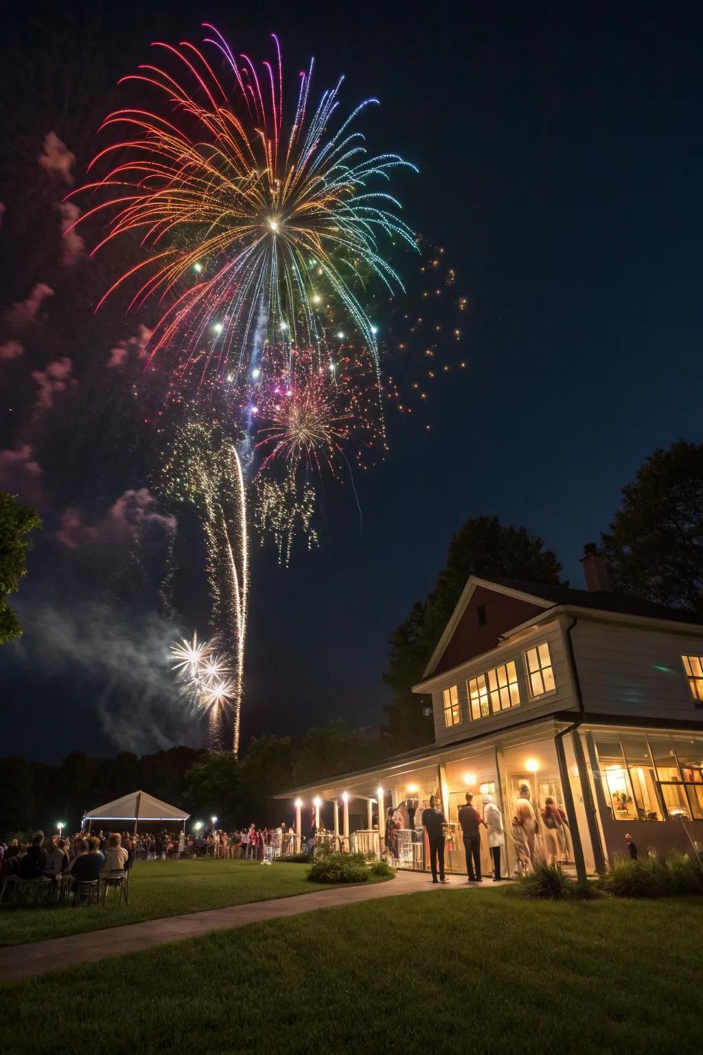 A wedding night sky illuminated with stunning rainbow fireworks.