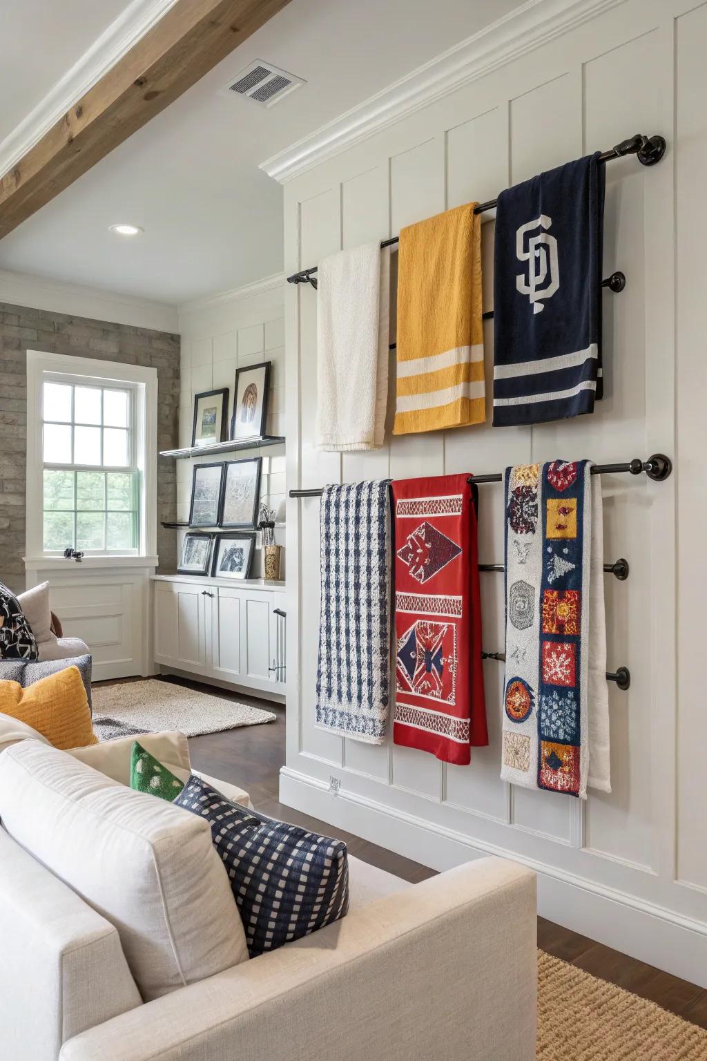 Add depth with a layered rally towel wall display.