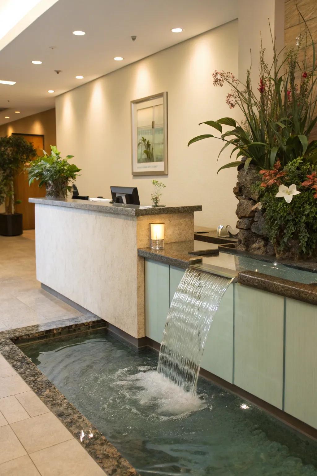 A serene reception area enhanced by a water element.