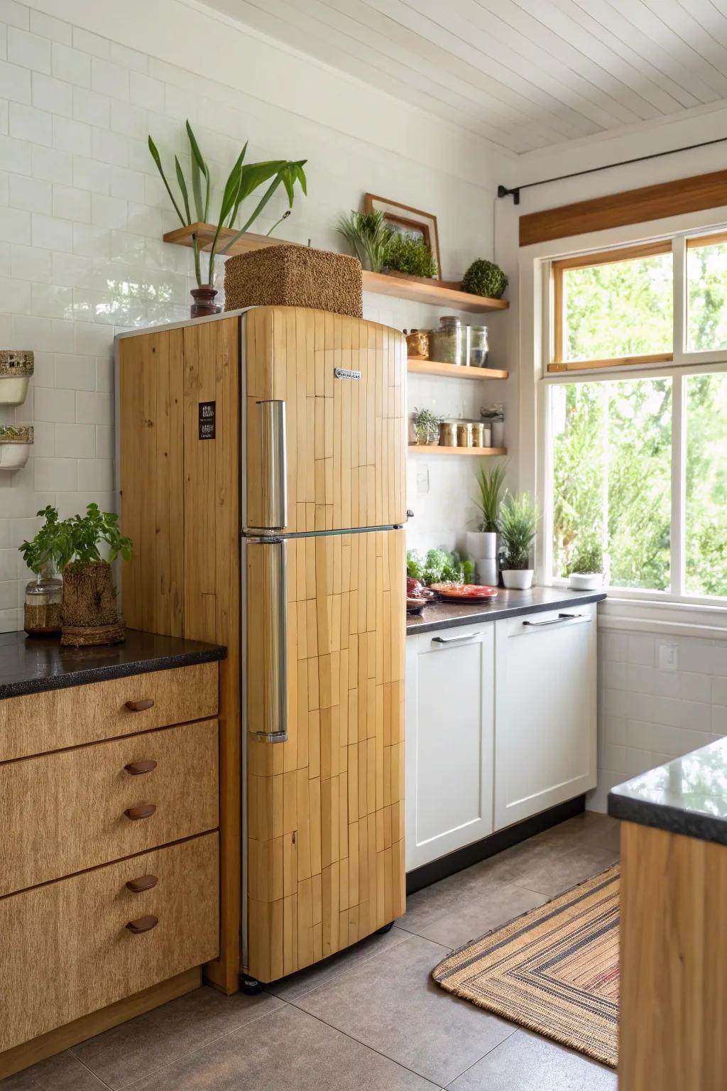 Eco-friendly materials around the refrigerator provide a stylish and conscious choice.