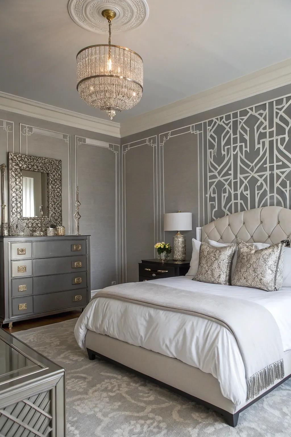 Art Deco influences add glamour to a Revere Pewter bedroom.