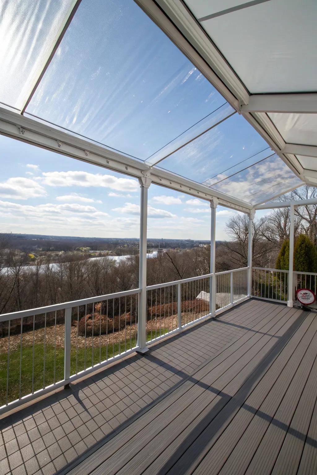 Transparent vinyl covers offer unobstructed views while providing shelter.