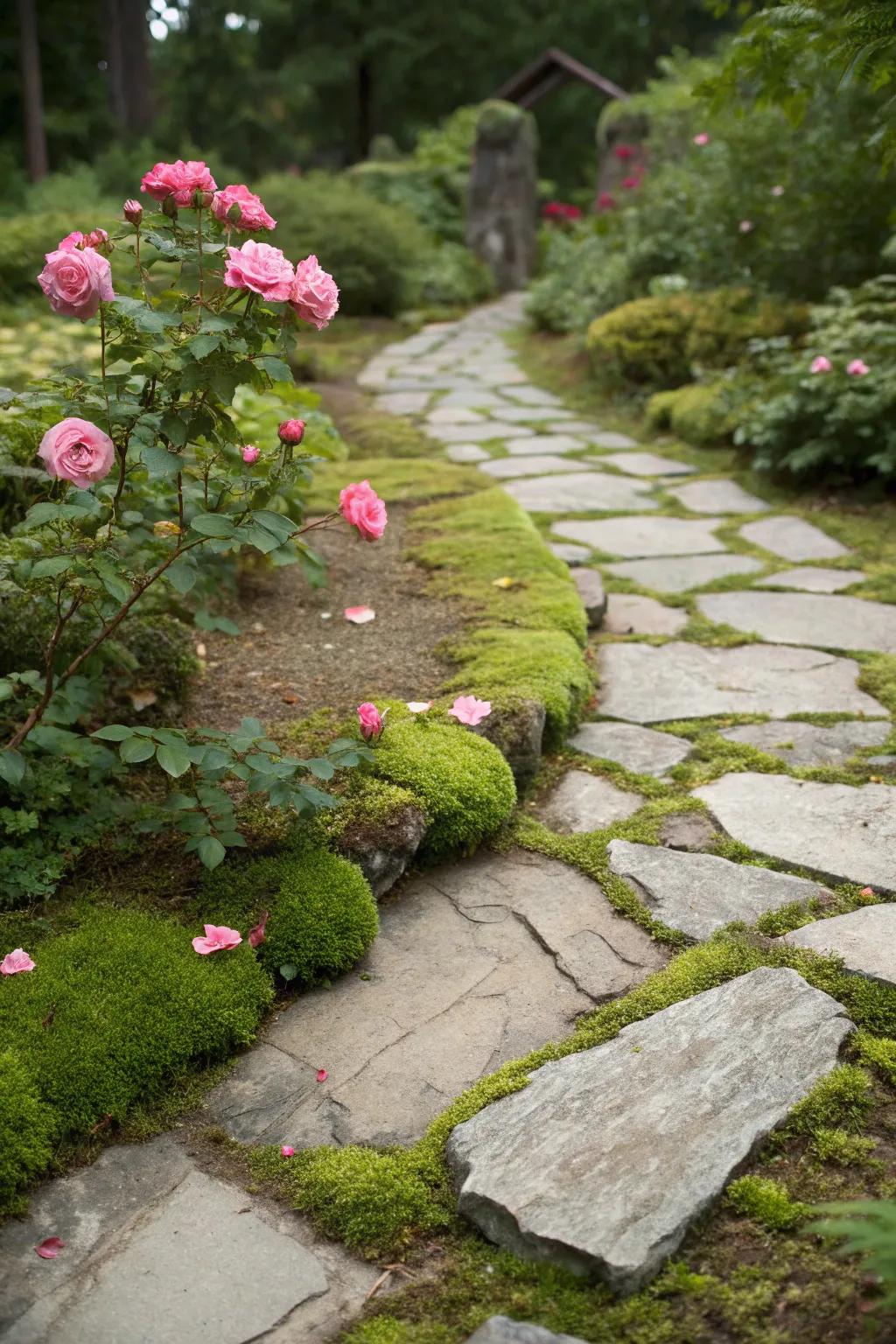 Integrate nature into your pathways with rose moss planting.