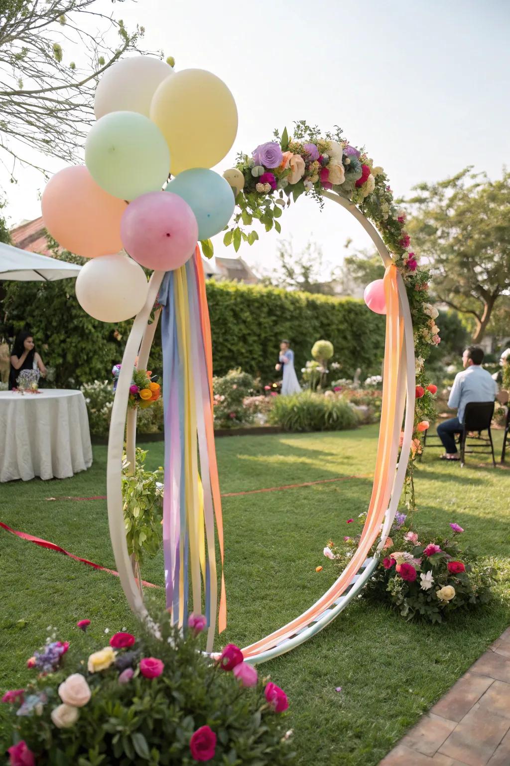 A whimsical round wedding arch with playful decorations.