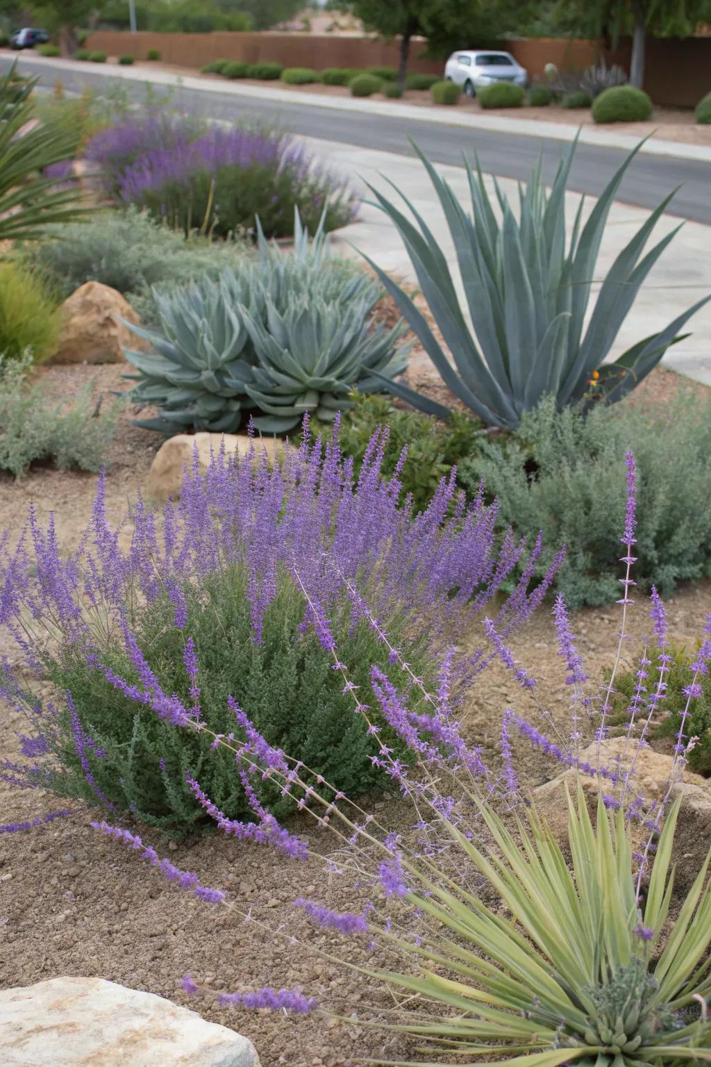 A water-wise garden pairing Silver Queen and desert aloe.