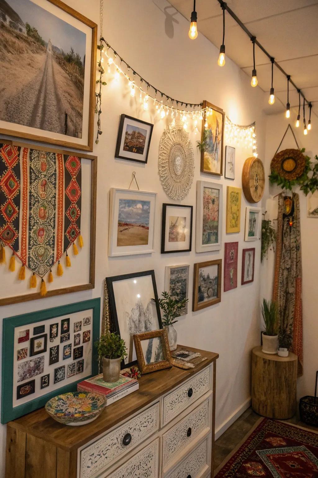 A bohemian gallery wall displays personality and memories.