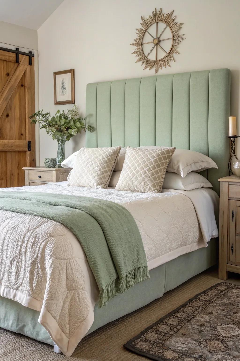 A bedroom centered around a luxurious sage green headboard.