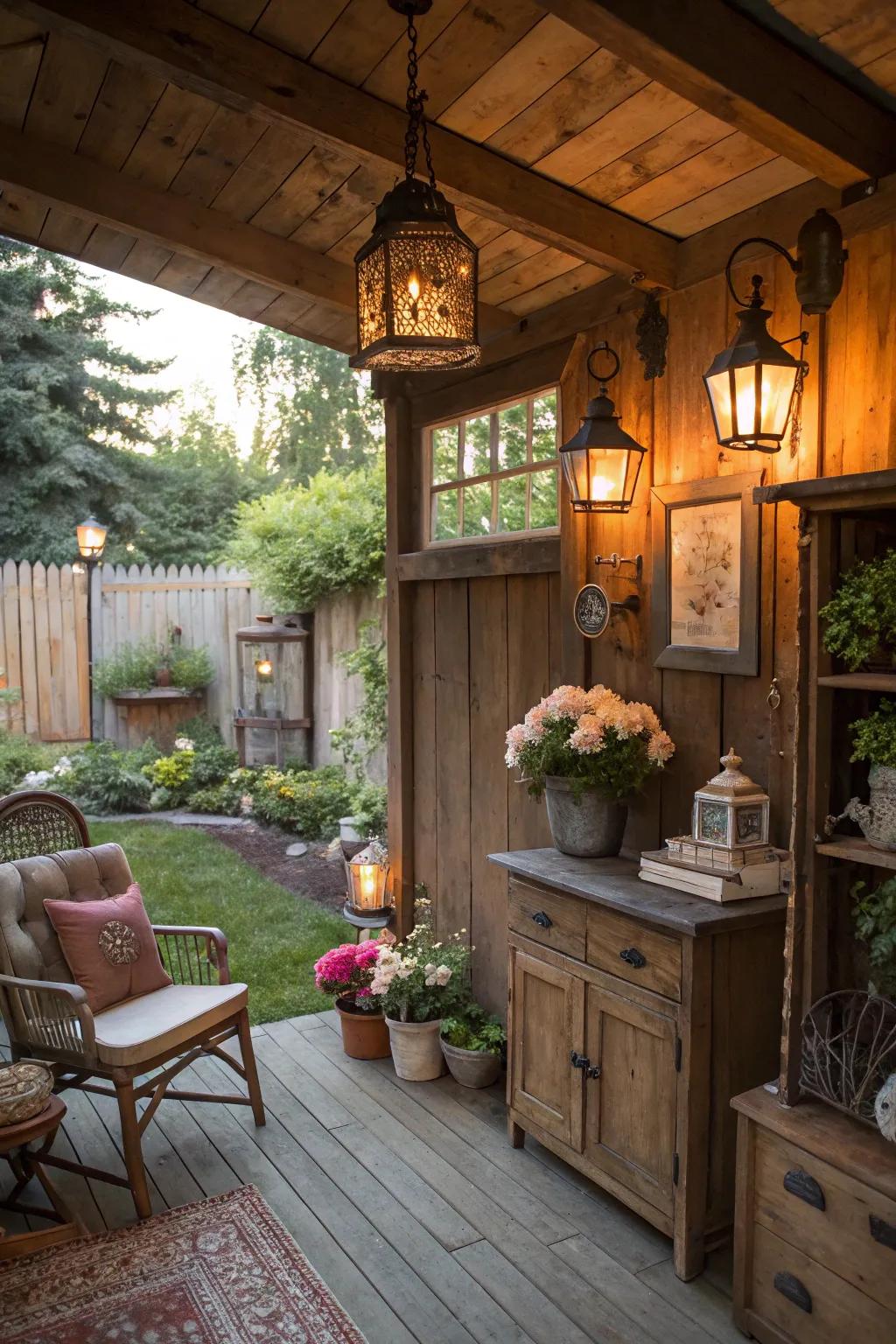 Transform your she shed into a rustic retreat with reclaimed wood and vintage charm.