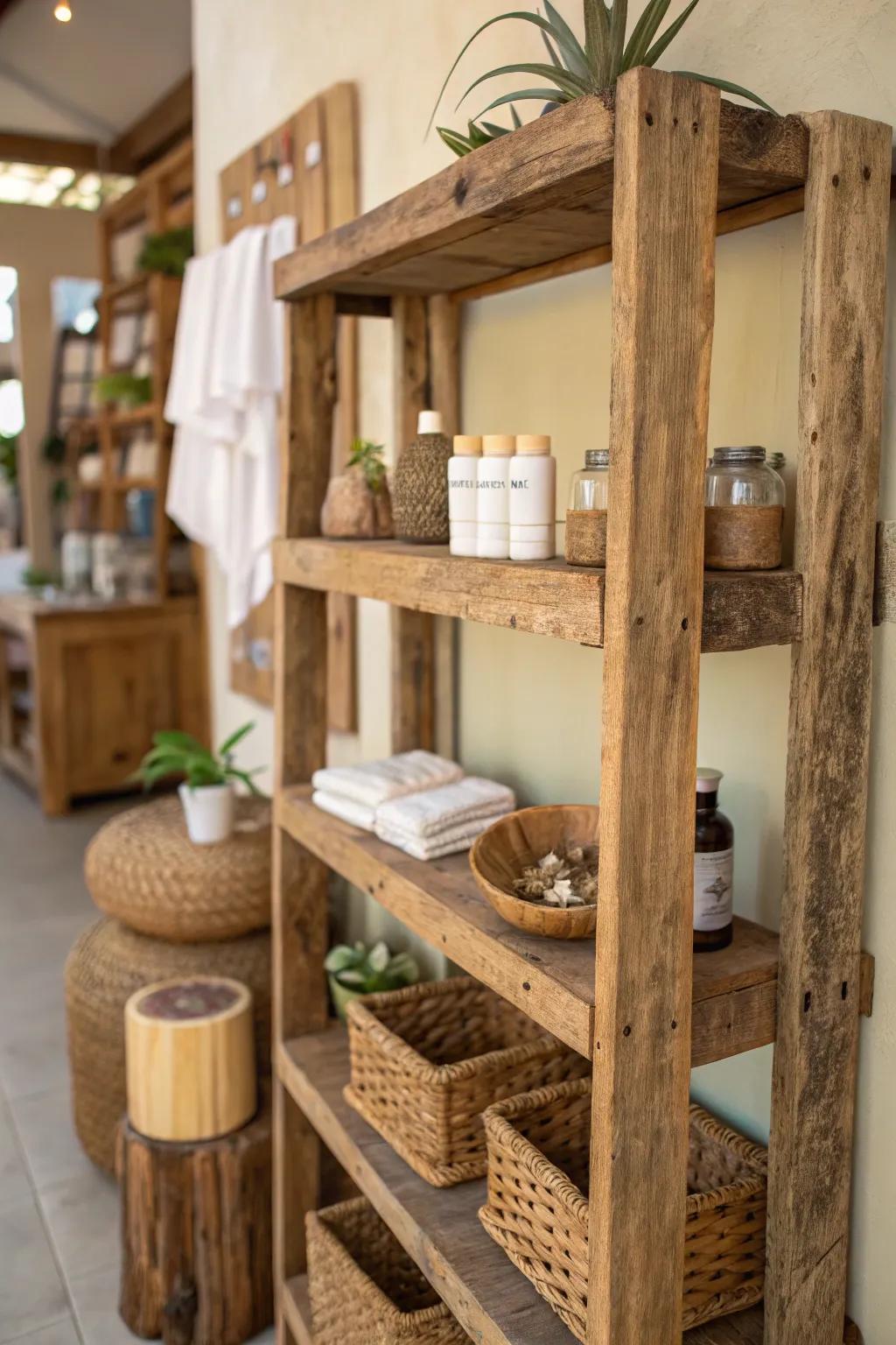 Rustic shelves crafted from reclaimed wood.