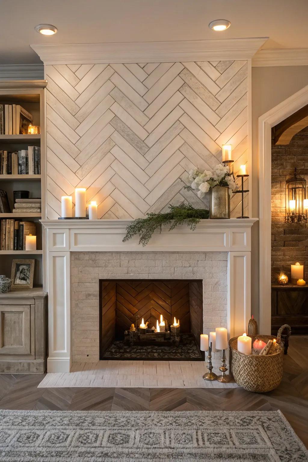 Herringbone-patterned shiplap adds a sophisticated touch to the fireplace.