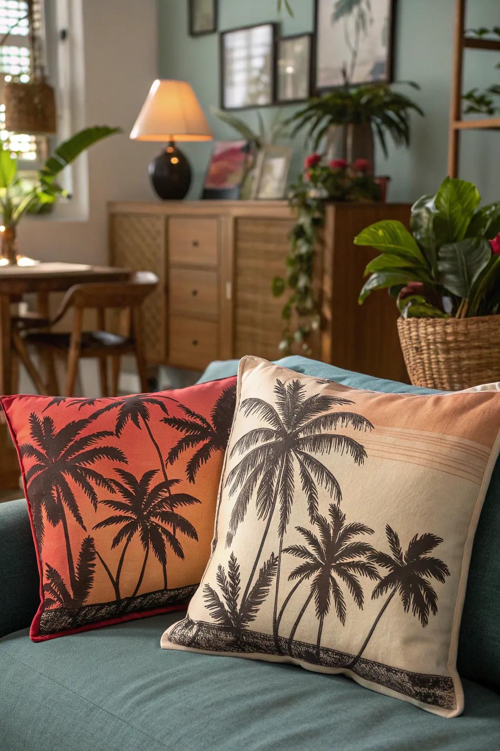 Pillows featuring palm tree silhouettes bring a tropical theme into this living room.