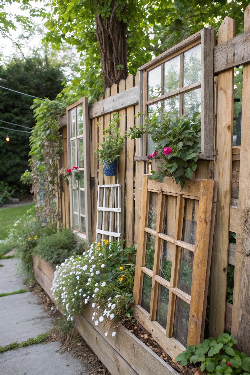 Repurposed resources add rustic charm and sustainability to fence landscaping.