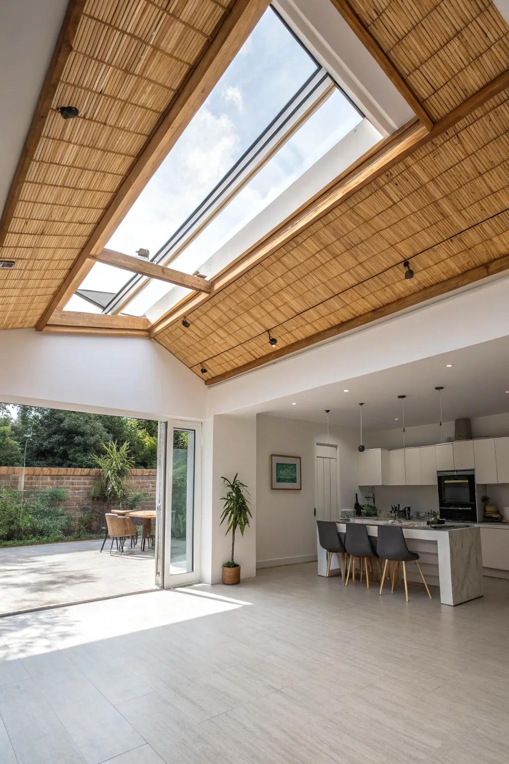 A studio that features sustainable bamboo trim around the skylight.