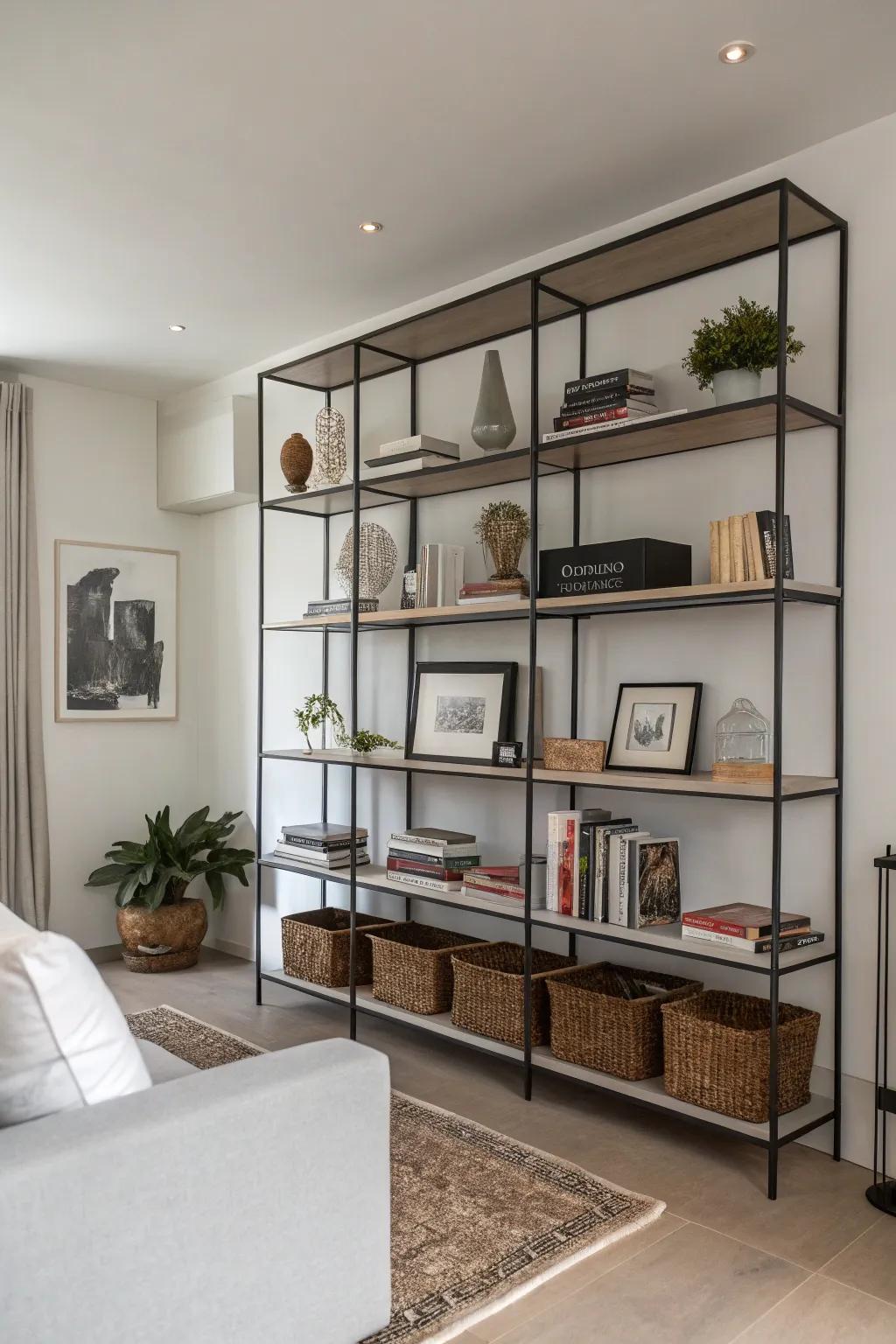 Metal shelves offer a minimalist and modern touch.