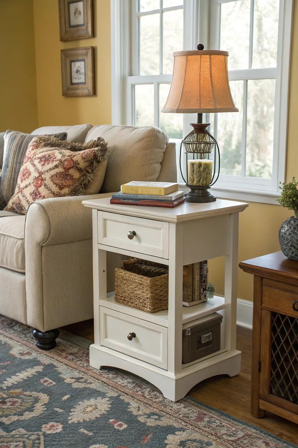 Compact end table with storage keeps the living room tidy.