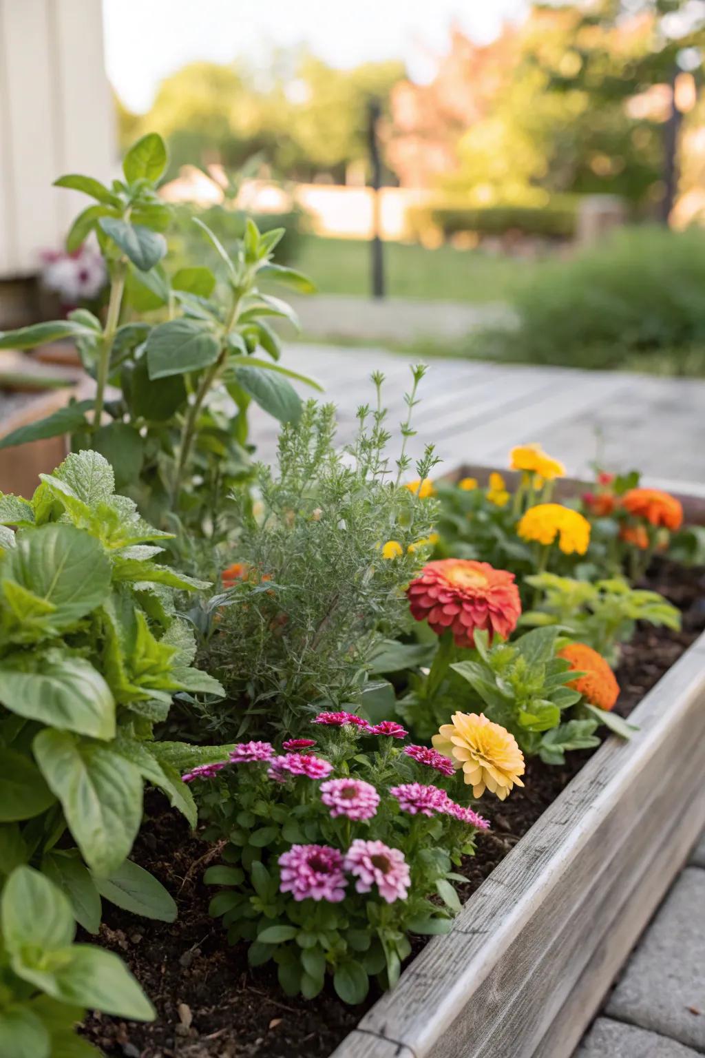 A small flower bed featuring a delightful mix of ornamental and edible plants.