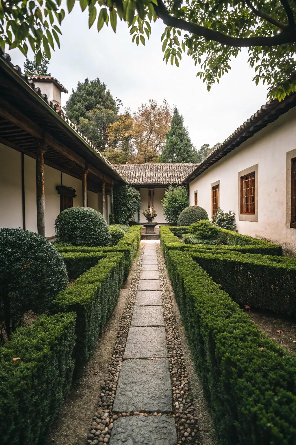 Hedges creating a cozy courtyard enclosure.