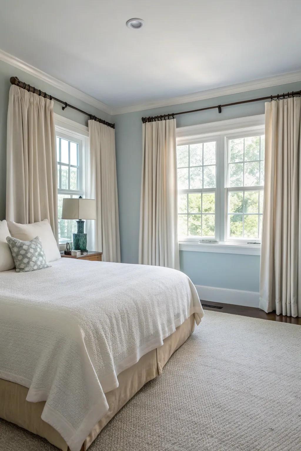 Elevated curtains cultivate a sense of height within a small master bedroom.